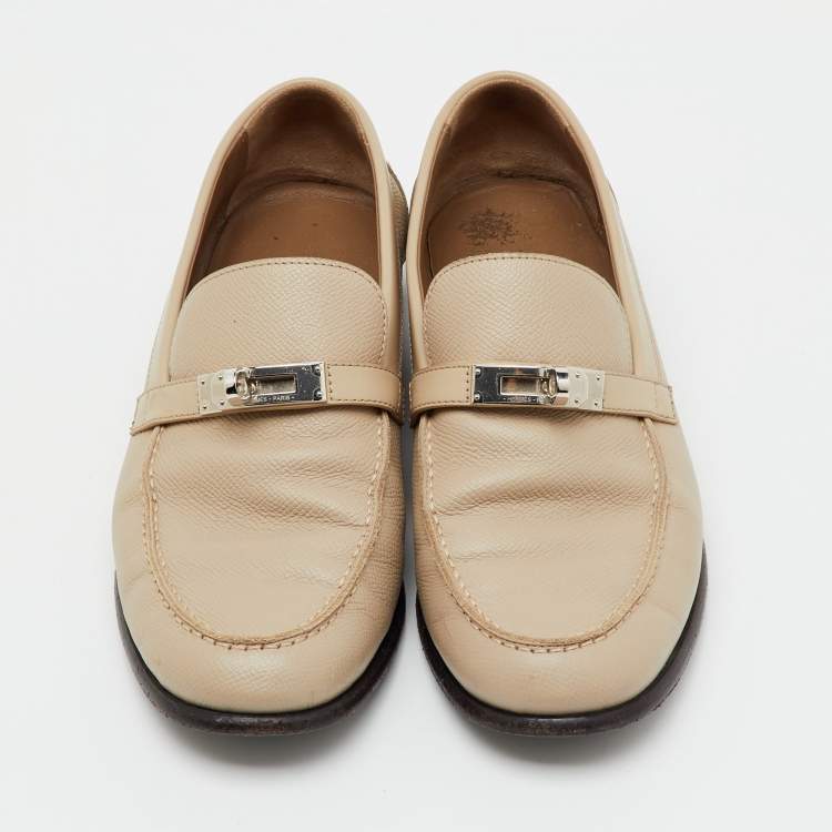 Pre Owned Hermes Beige Leather Destin Slip On Loafers Size 38.5
