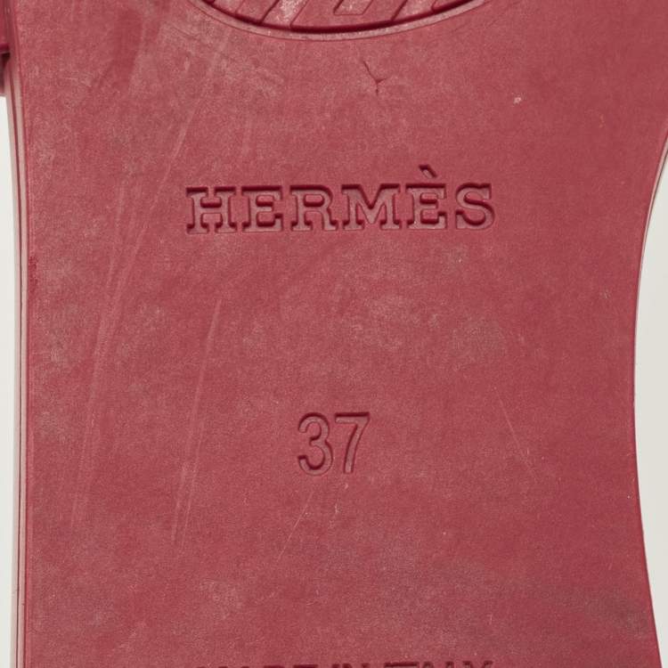 Pre Owned Hermes Burgundy Rubber Aloha Flat Slides Size 37