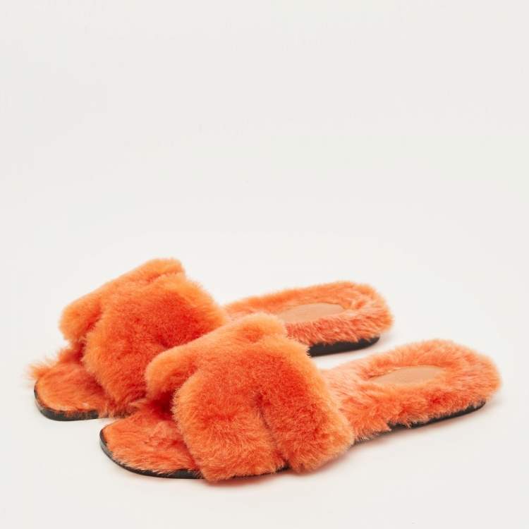 Pre Owned Hermes Orange Shearling Fur Oran Flat Slides Size 39.5