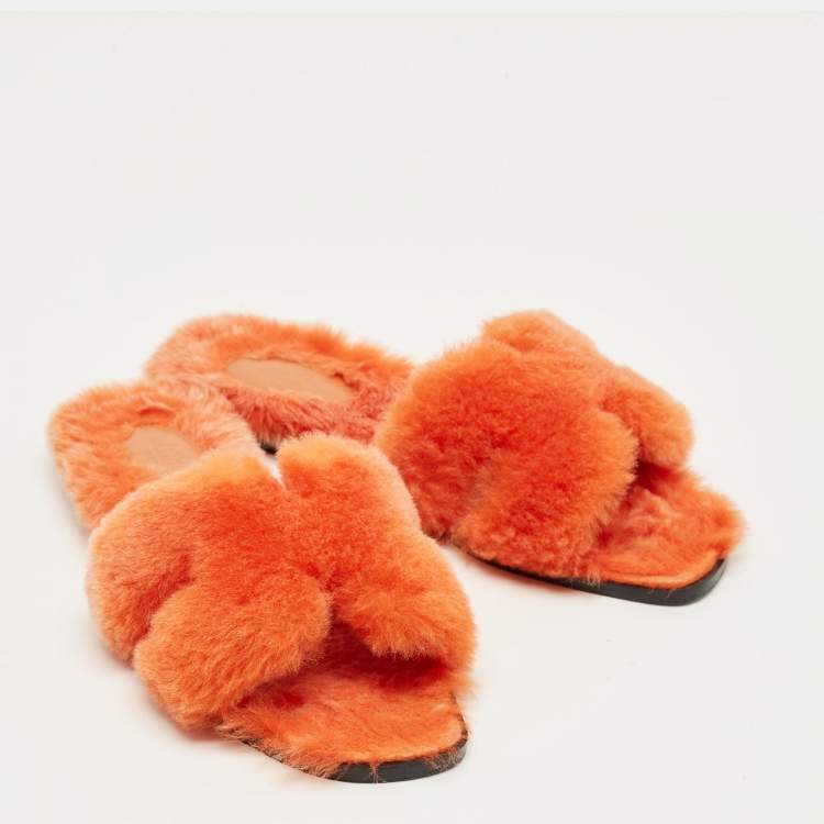 Pre Owned Hermes Orange Shearling Fur Oran Flat Slides Size 39.5
