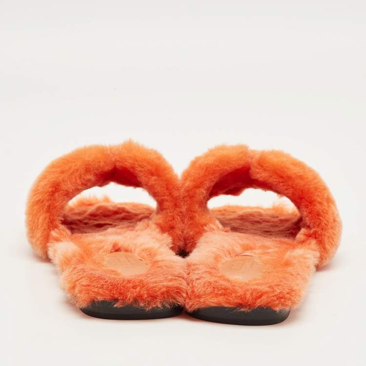 Pre Owned Hermes Orange Shearling Fur Oran Flat Slides Size 39.5