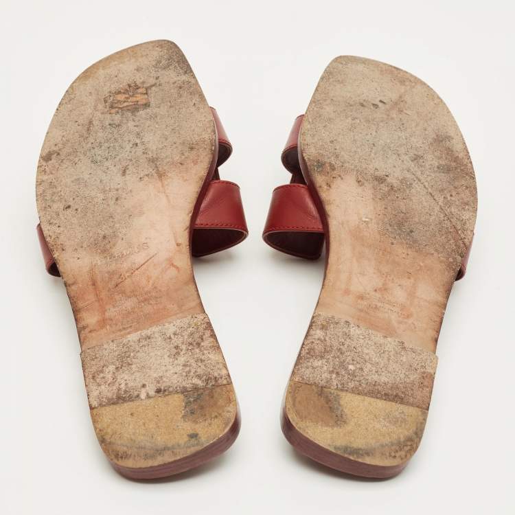Pre Owned Hermes Burgundy Leather Oran Flat Slides Size 38.5