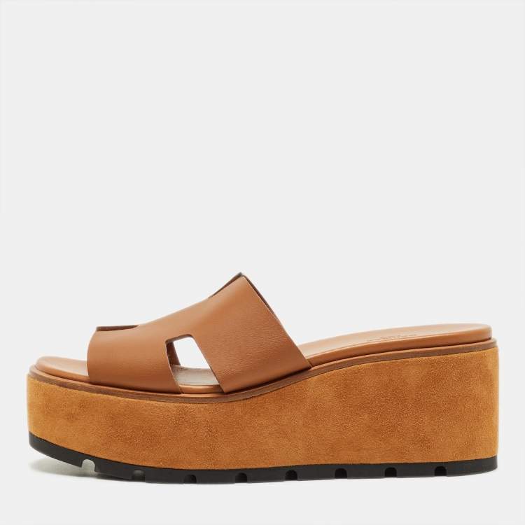Pre Owned Hermes Brown Leather Eze Platform Cork Wedge Sandals Size 41