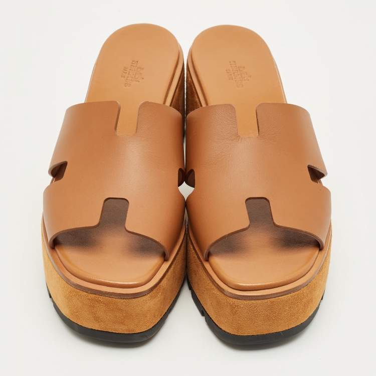 Pre Owned Hermes Brown Leather Eze Platform Cork Wedge Sandals Size 41