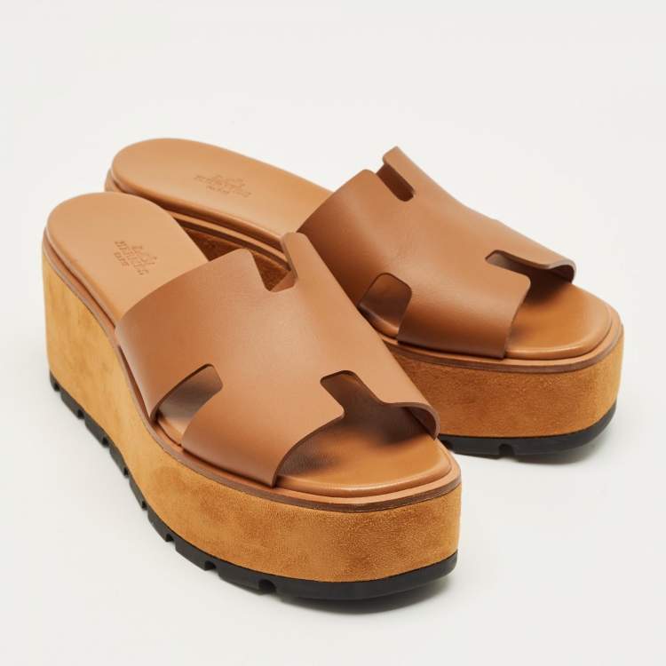 Pre Owned Hermes Brown Leather Eze Platform Cork Wedge Sandals Size 41