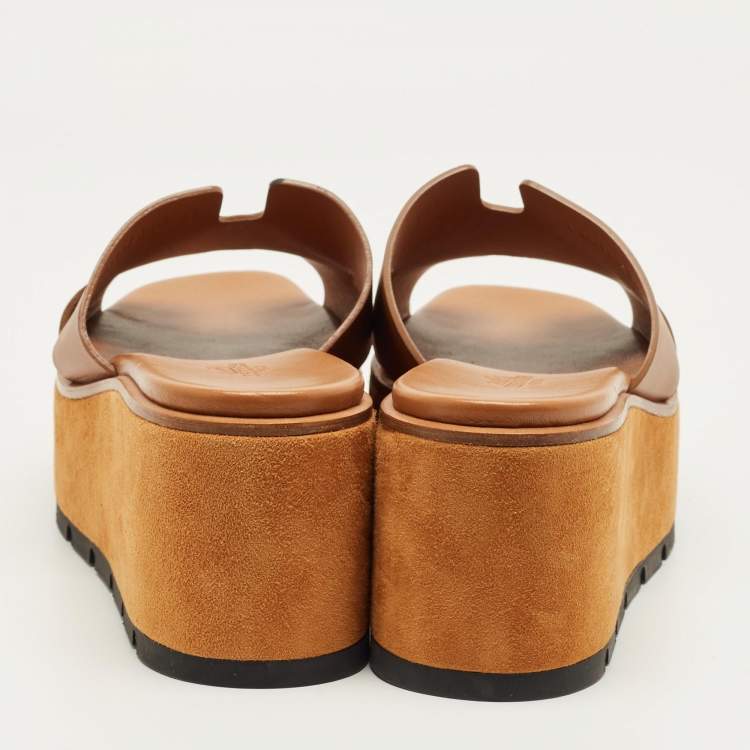 Pre Owned Hermes Brown Leather Eze Platform Cork Wedge Sandals Size 41