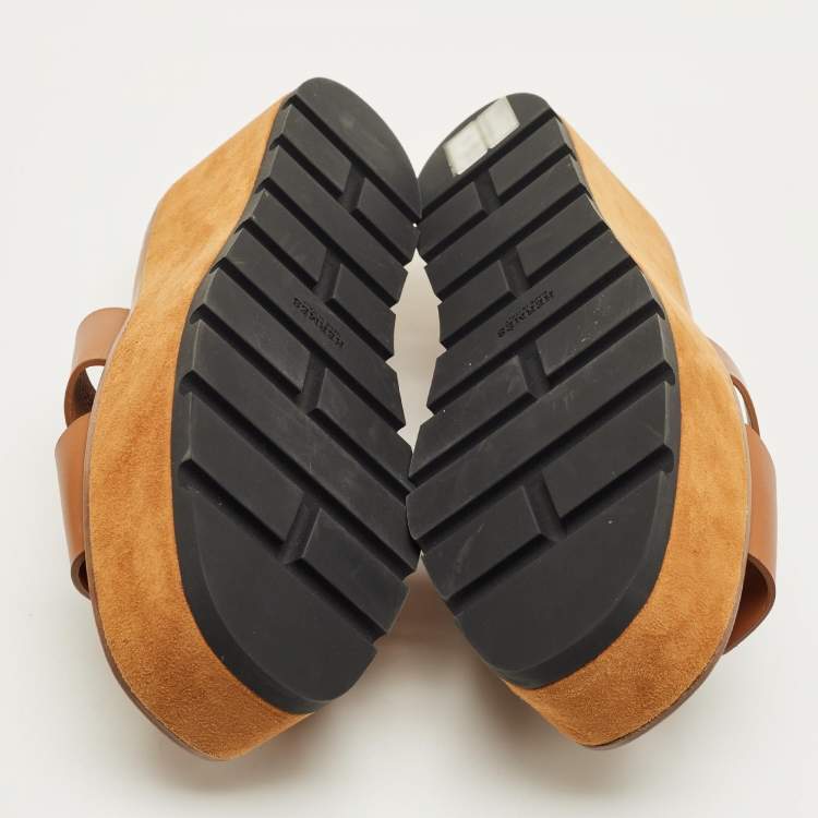 Pre Owned Hermes Brown Leather Eze Platform Cork Wedge Sandals Size 41