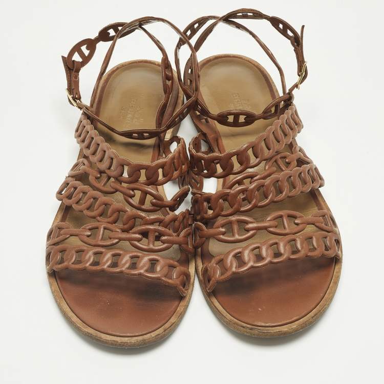 مملوكة مسبقًا Hermes Kalliste Size 37 Brown Leather Ankle Strap Flats