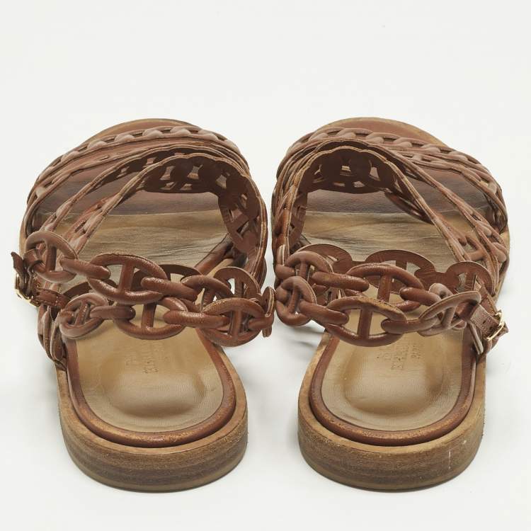 مملوكة مسبقًا Hermes Kalliste Size 37 Brown Leather Ankle Strap Flats