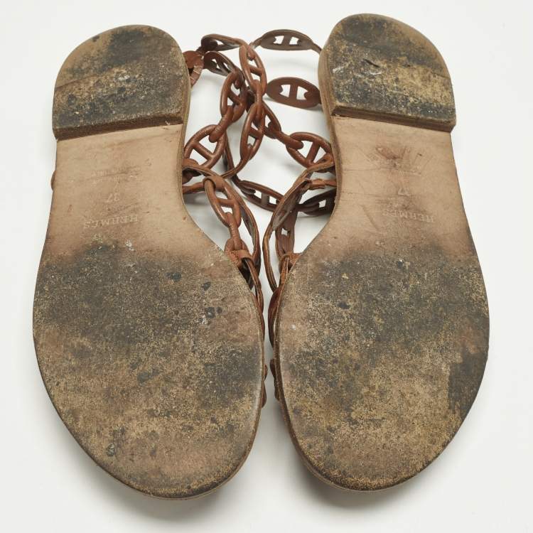 مملوكة مسبقًا Hermes Kalliste Size 37 Brown Leather Ankle Strap Flats