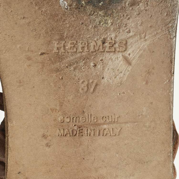 مملوكة مسبقًا Hermes Kalliste Size 37 Brown Leather Ankle Strap Flats