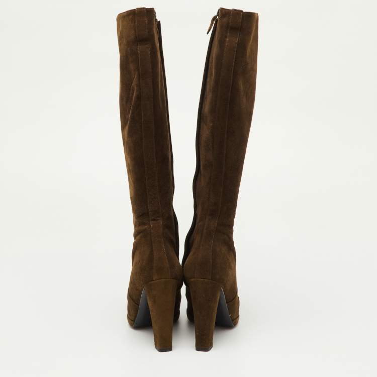 Pre Owned حذاء بوت طول ركبة هيرمس شامواه بني مقاس 37