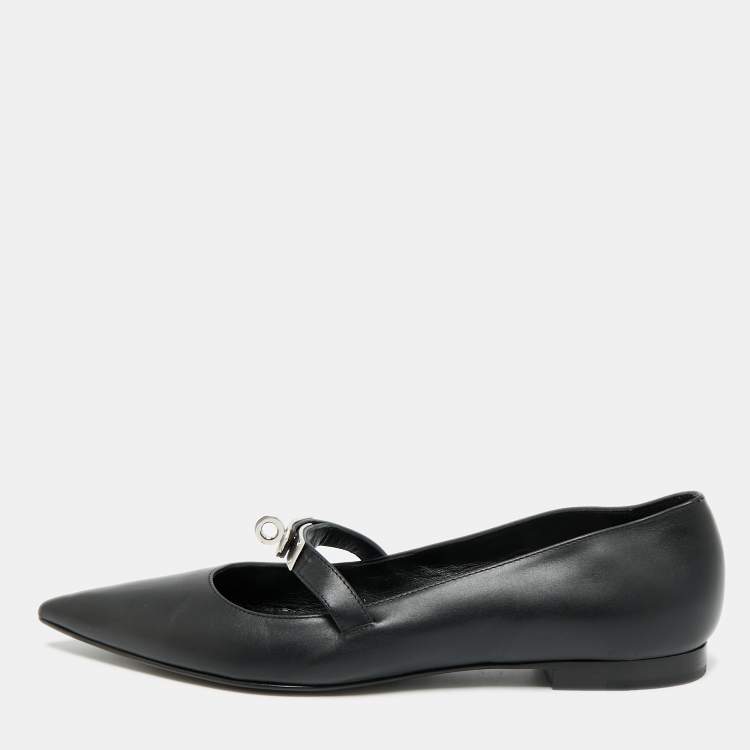 Pre Owned Hermes Kelly Size 37.5 Black Leather Ballet Flats