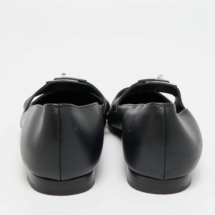 Pre Owned Hermes Kelly Size 37.5 Black Leather Ballet Flats