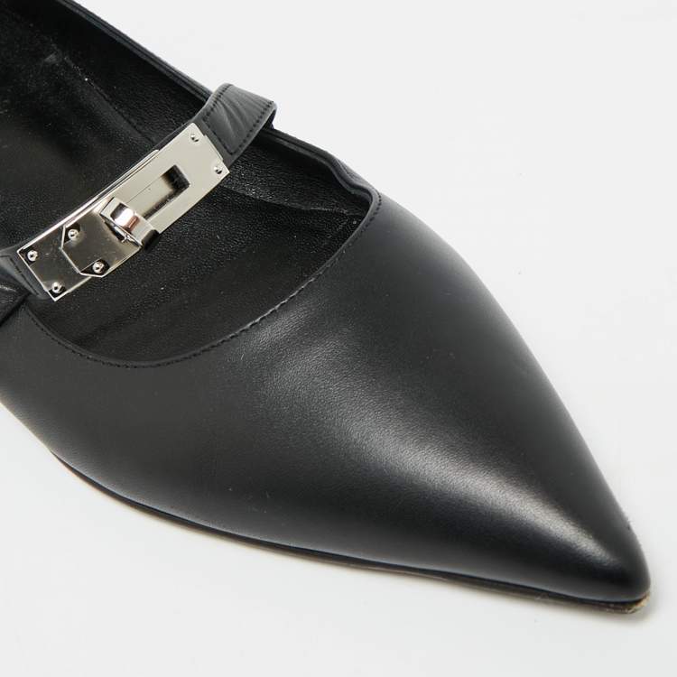 Pre Owned Hermes Kelly Size 37.5 Black Leather Ballet Flats