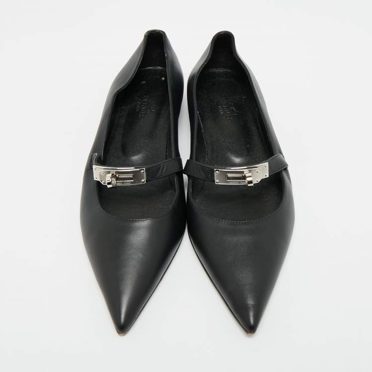 Pre Owned Hermes Kelly Size 37.5 Black Leather Ballet Flats