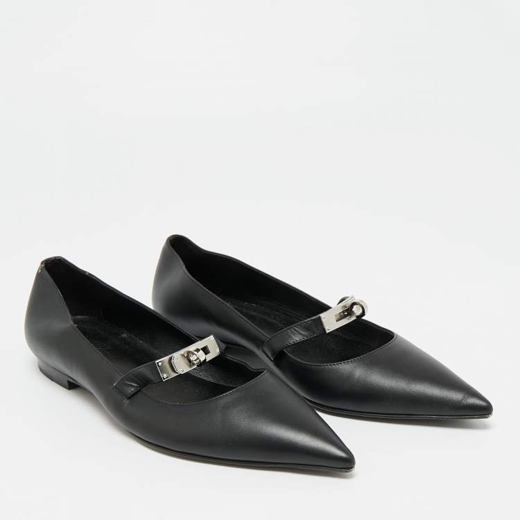 Pre Owned Hermes Kelly Size 37.5 Black Leather Ballet Flats