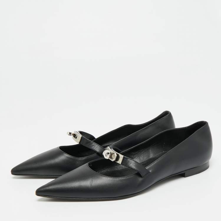 Pre Owned Hermes Kelly Size 37.5 Black Leather Ballet Flats