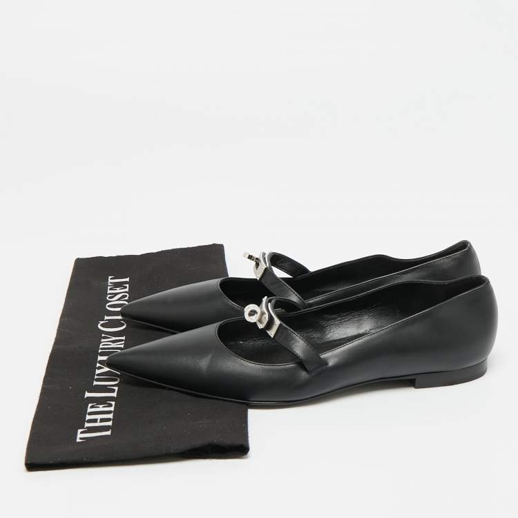 Pre Owned Hermes Kelly Size 37.5 Black Leather Ballet Flats