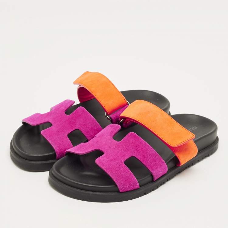 Pre Owned Hermes Chypre Size 36 Purple/Orange Suede Flat Sandals