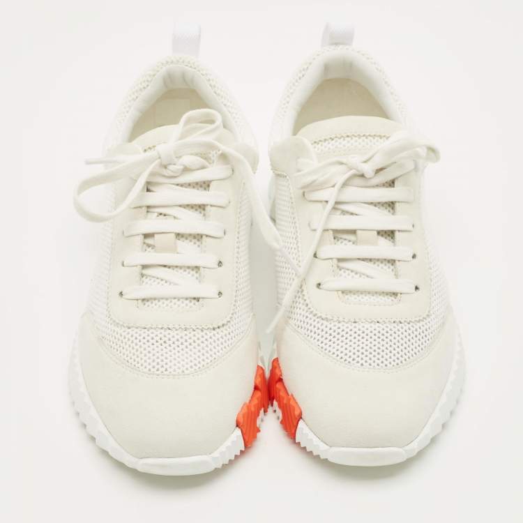 مملوكة مسبقًا Hermes Bouncing Size 40.5 White/Light Grey Knit Fabric and Suede Sneakers