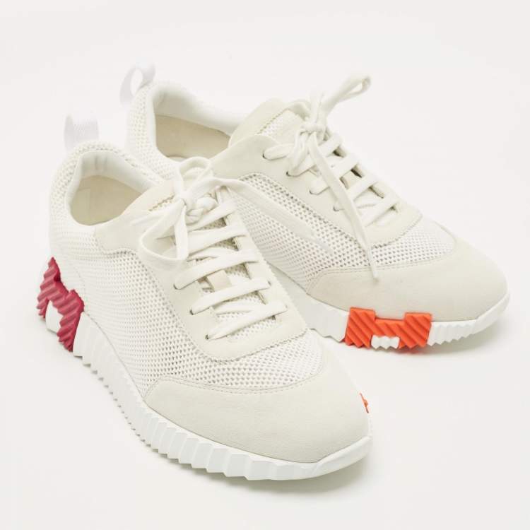 مملوكة مسبقًا Hermes Bouncing Size 40.5 White/Light Grey Knit Fabric and Suede Sneakers
