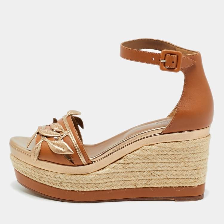 Pre Owned Hermès Mambo Size 38 Brown/Metallic Leather Espadrilles Platform Wedge Sandals