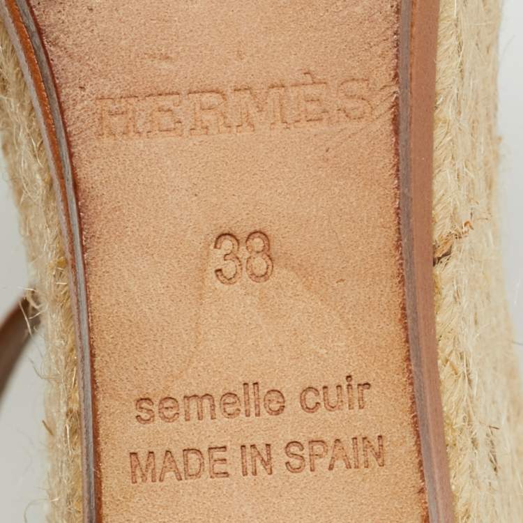 Pre Owned Hermès Mambo Size 38 Brown/Metallic Leather Espadrilles Platform Wedge Sandals
