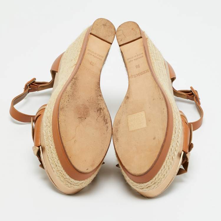 Pre Owned Hermès Mambo Size 38 Brown/Metallic Leather Espadrilles Platform Wedge Sandals
