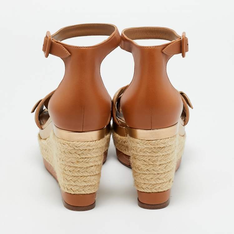 Pre Owned Hermès Mambo Size 38 Brown/Metallic Leather Espadrilles Platform Wedge Sandals
