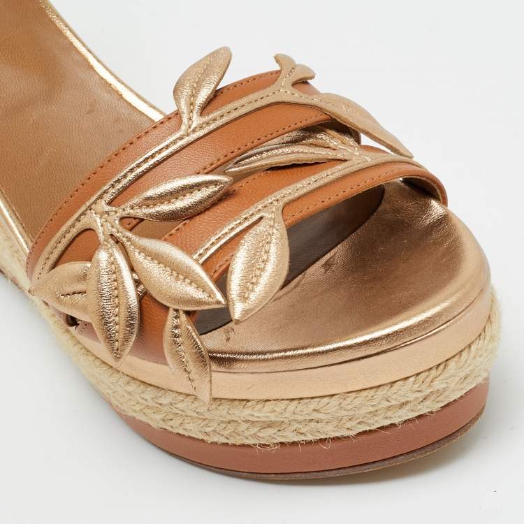 Pre Owned Hermès Mambo Size 38 Brown/Metallic Leather Espadrilles Platform Wedge Sandals