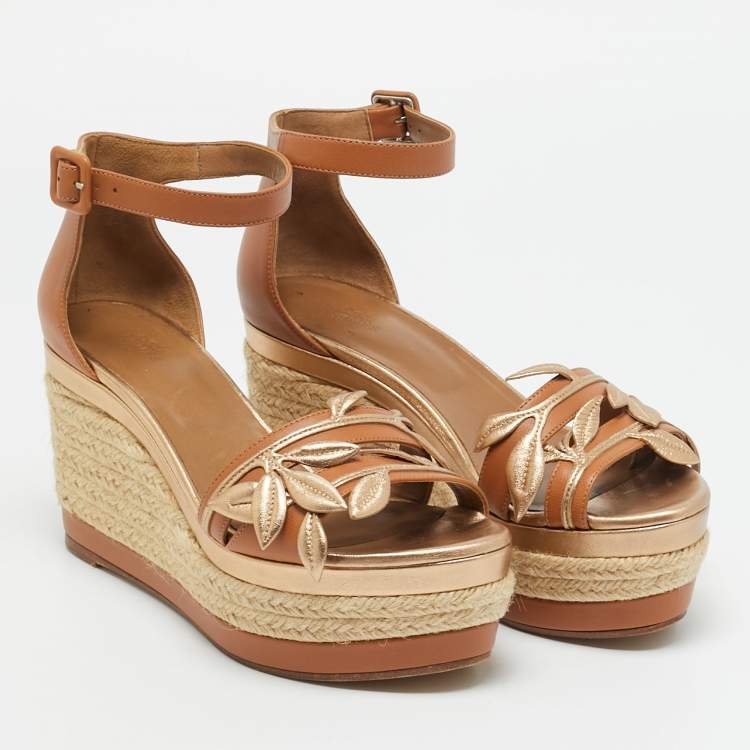 Pre Owned Hermès Mambo Size 38 Brown/Metallic Leather Espadrilles Platform Wedge Sandals