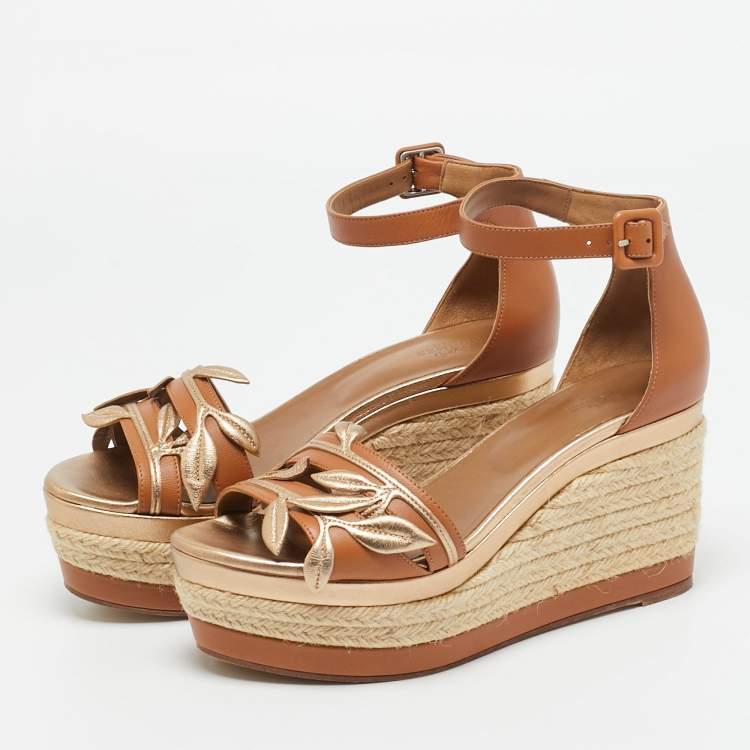 Pre Owned Hermès Mambo Size 38 Brown/Metallic Leather Espadrilles Platform Wedge Sandals