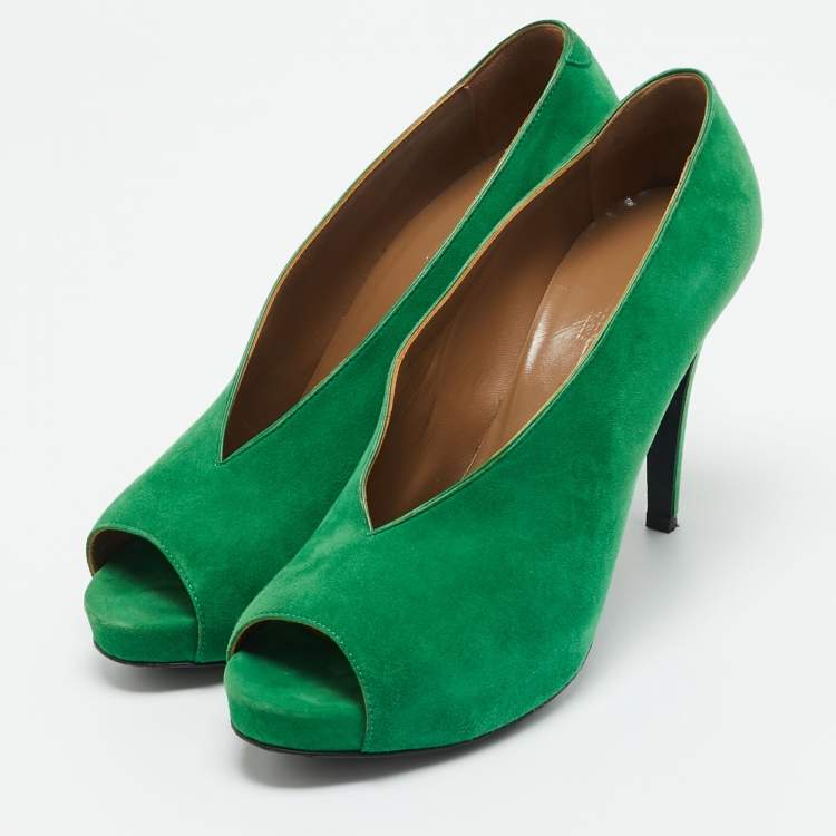Pre Owned Hermes Bamboo Size 40 Green Suede Peep Toe Pumps