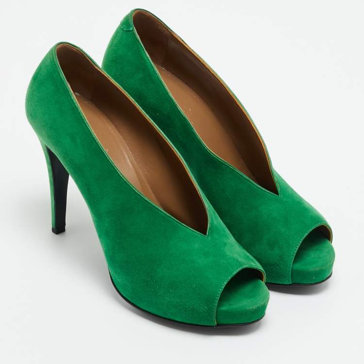 Pre Owned Hermes Bamboo Size 40 Green Suede Peep Toe Pumps