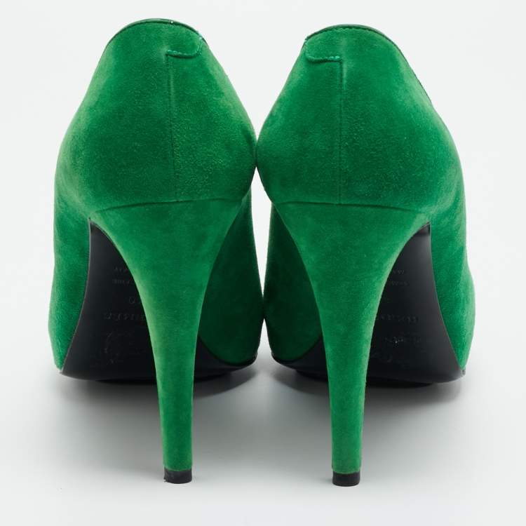 Pre Owned Hermes Bamboo Size 40 Green Suede Peep Toe Pumps