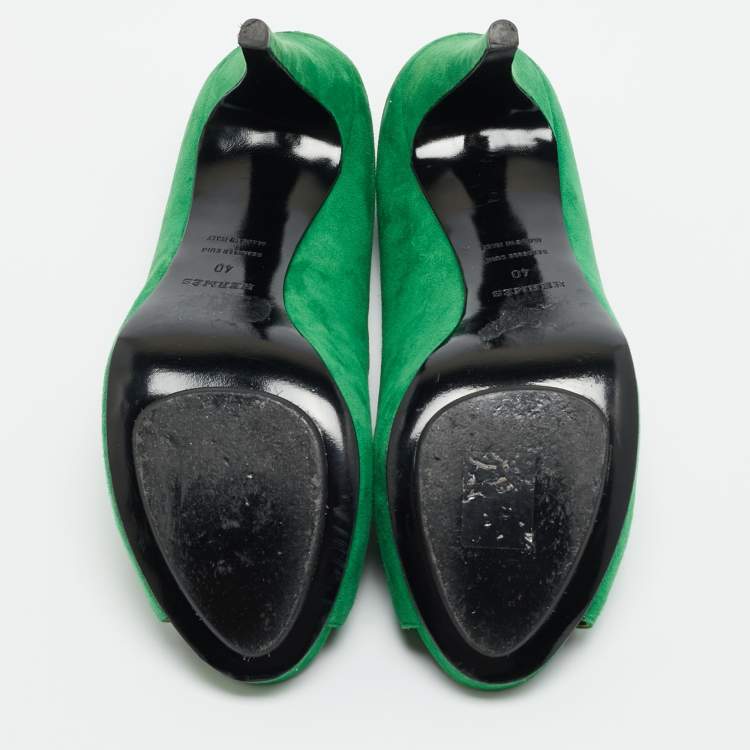 Pre Owned Hermes Bamboo Size 40 Green Suede Peep Toe Pumps