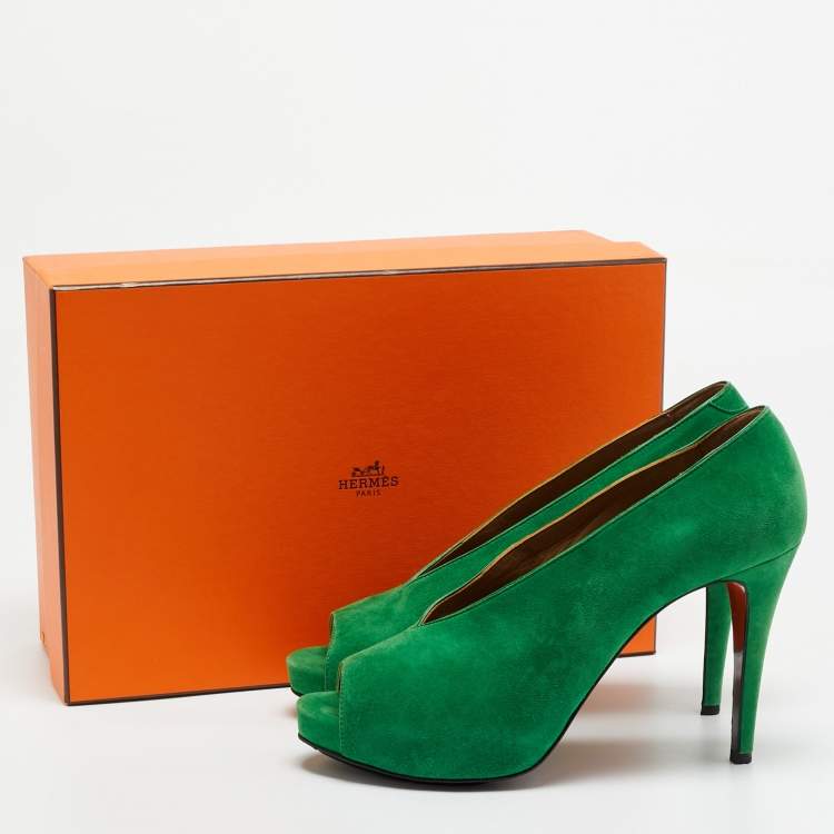 Pre Owned Hermes Bamboo Size 40 Green Suede Peep Toe Pumps