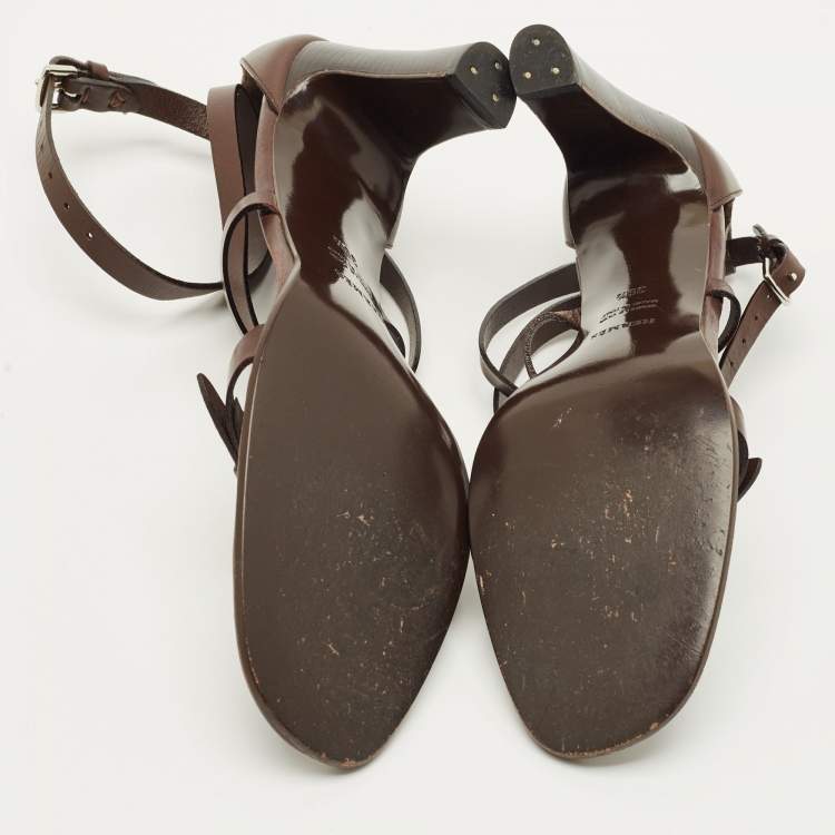 مملوكة مسبقًا Hermès Size 39.5 Dark Brown Leather Ankle Strap Sandals