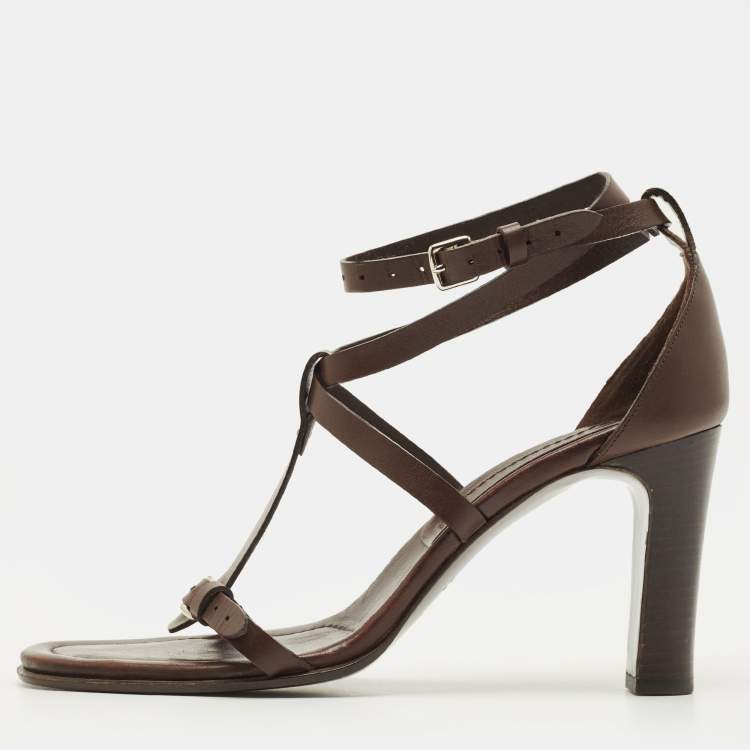 مملوكة مسبقًا Hermès Size 39.5 Dark Brown Leather Ankle Strap Sandals