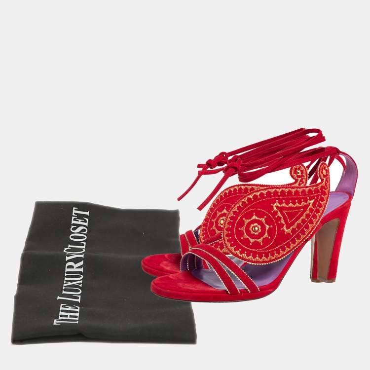 Pre Owned Hermes Size 39.5 Red Suede Embroidered Motif Ankle Tie Up Sandals