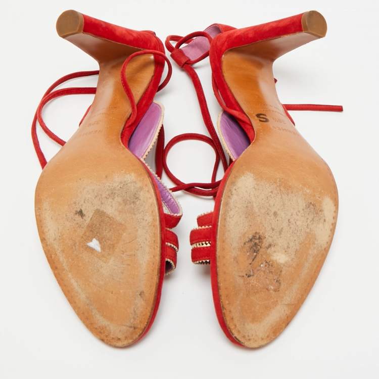 Pre Owned Hermes Size 39.5 Red Suede Embroidered Motif Ankle Tie Up Sandals