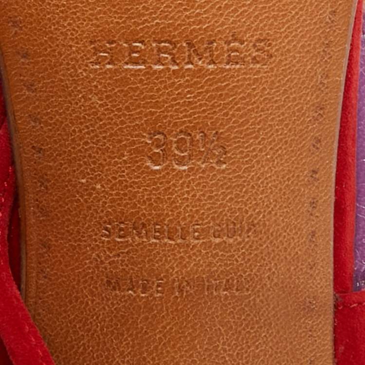 Pre Owned Hermes Size 39.5 Red Suede Embroidered Motif Ankle Tie Up Sandals