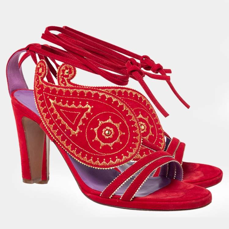 Pre Owned Hermes Size 39.5 Red Suede Embroidered Motif Ankle Tie Up Sandals
