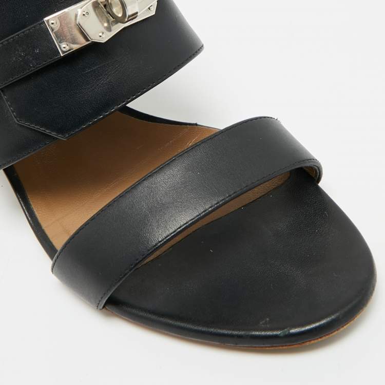 Pre Owned Hermes Ovation Size 36.5 Black Leather Slide Sandals