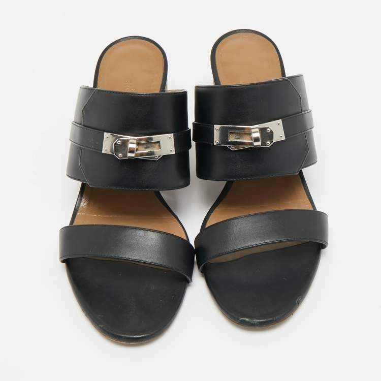 Pre Owned Hermes Ovation Size 36.5 Black Leather Slide Sandals
