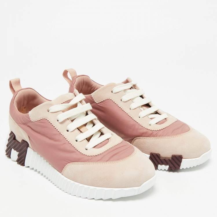 Pre Owned Hermes Bouncing Size 37.5 Pink Nylon and Suede Lace Up Sneakers