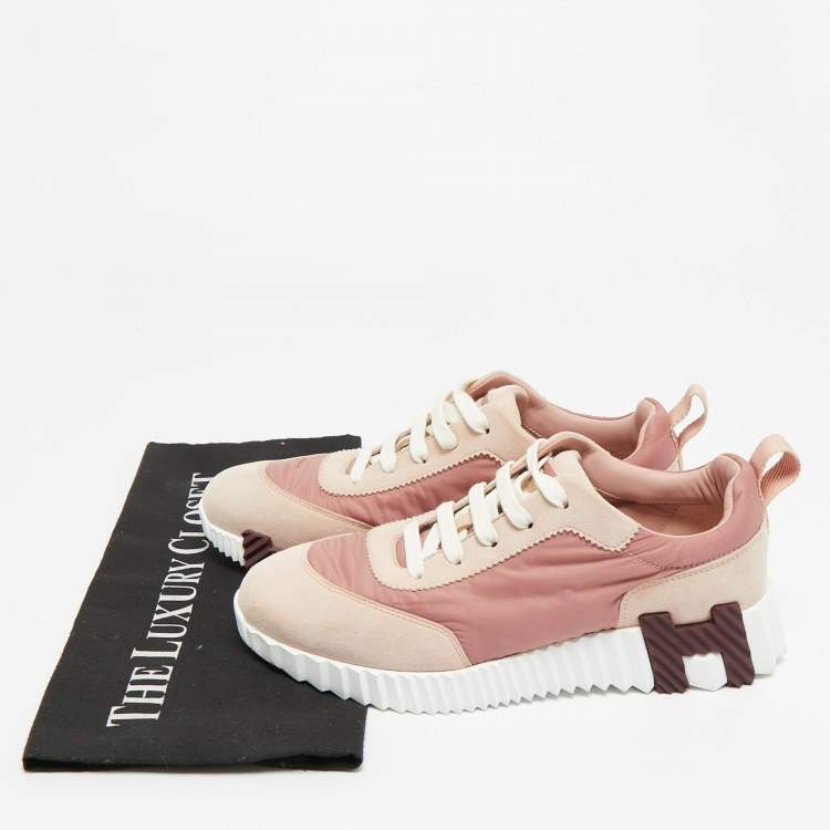 Pre Owned Hermes Bouncing Size 37.5 Pink Nylon and Suede Lace Up Sneakers