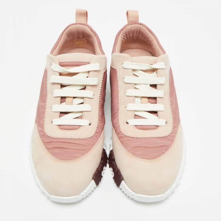 Pre Owned Hermes Bouncing Size 37.5 Pink Nylon and Suede Lace Up Sneakers