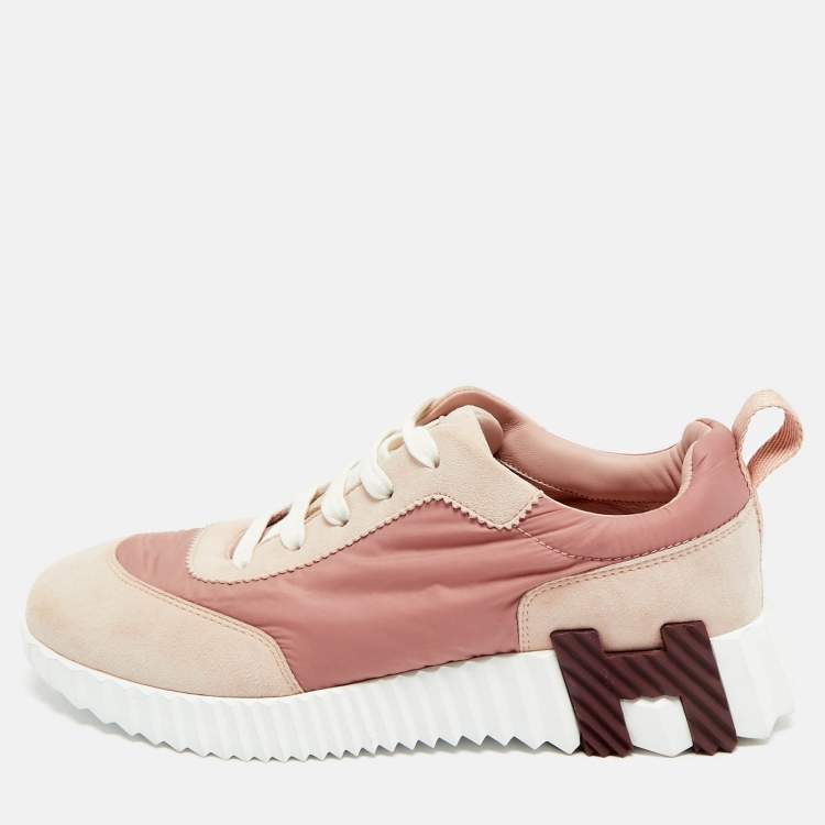 Pre Owned Hermes Bouncing Size 37.5 Pink Nylon and Suede Lace Up Sneakers